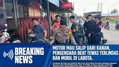 MOTOR MAU SALIP DARI KANAN, PENGENDARA BEAT TEWAS TERLINDAS BAN MOBIL DI LABOTA
