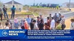 Aksi Di Kejari Morowali Sempat Tegang Saat Bakar Ban, Massa LAKI P45 dan Warga Nambo Tetap Bertahan Di Tenda Perjuangan